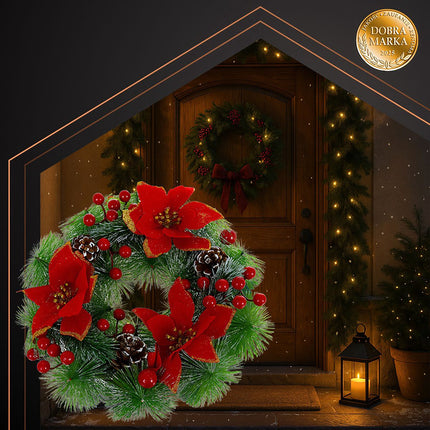 Couronne de Noël 30 cm - Pommes de pin, baies rouges, PVC