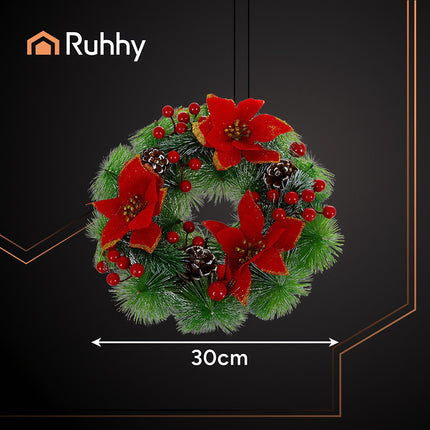 Couronne de Noël 30 cm - Pommes de pin, baies rouges, PVC