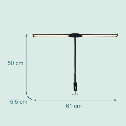 Lampe de bureau LED à pince, 61 cm, double tête, USB, intensité variable