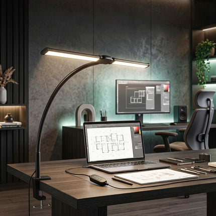 Lampe de bureau LED à pince, 61 cm, double tête, USB, intensité variable