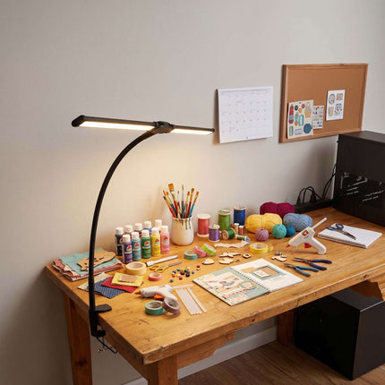 Lampe de bureau LED à pince, 61 cm, double tête, USB, intensité variable