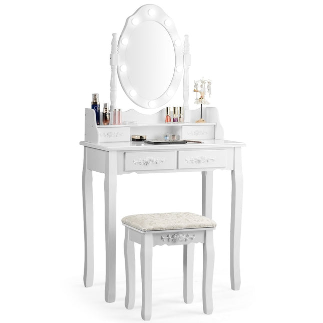 Coiffeuse classique avec tabouret, ampoules LED, table de maquillage, 75 x 40 x 146 cm, blanc