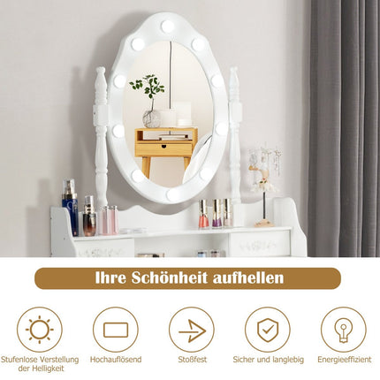 Klassisches Schminktisch Set mit Hocker LED Leuchtmittel Kosmetiktisch 75 x 40 x 146 cm weiß