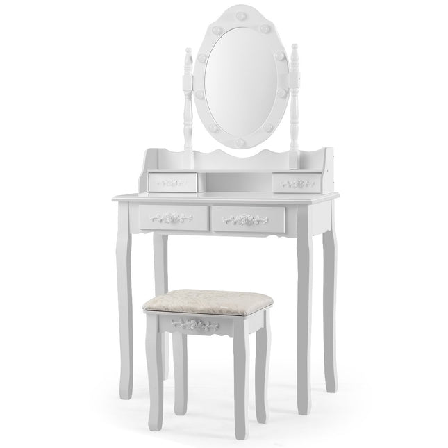 Coiffeuse classique avec tabouret, ampoules LED, table de maquillage, 75 x 40 x 146 cm, blanc