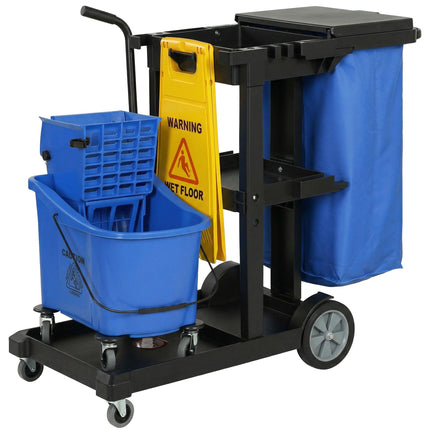Reinigungswagen mit 3 Ablagen, 70L Sack, Moppeimer, Blau