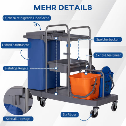 Reinigungswagen mit Mopp-Presse, 3-stöckig, 2x18L Eimer