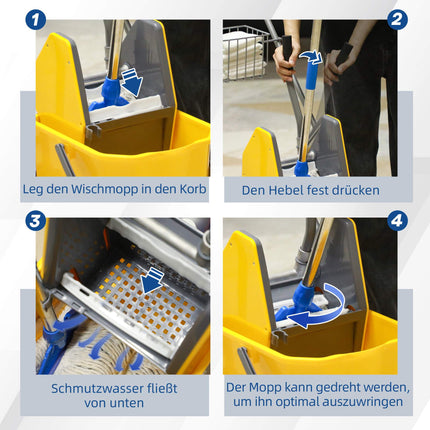 Chariot de nettoyage avec essoreuse, capacité 25 L, 4 roues, jaune