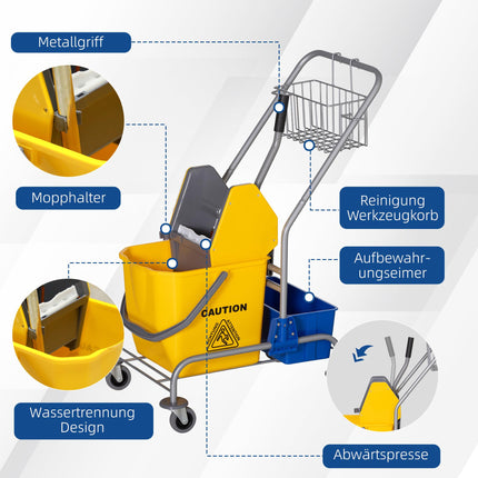 Chariot de nettoyage avec essoreuse, capacité 25 L, 4 roues, jaune