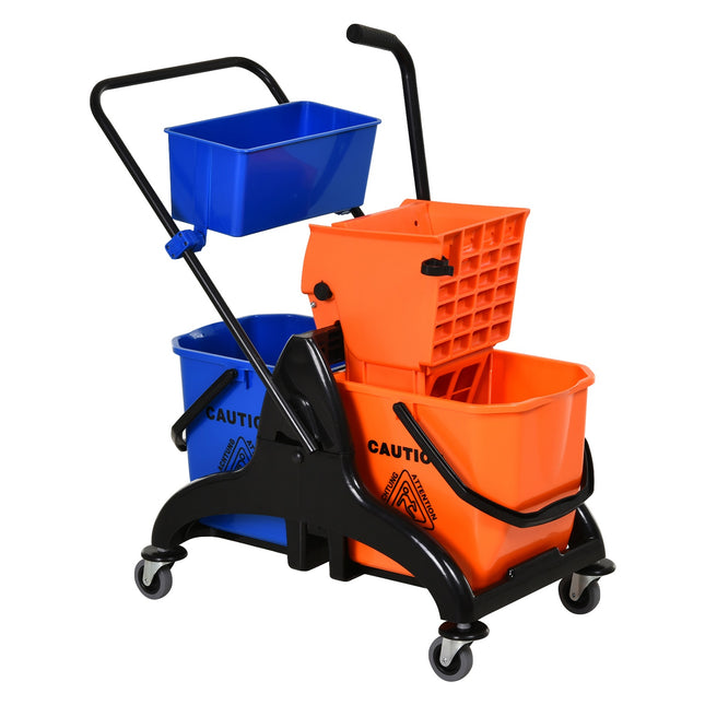 Chariot de Nettoyage Chariot de Nettoyage Professionnel avec Presse à Mâchoires 2 Seaux + Rangement Orange Bleu Aosom