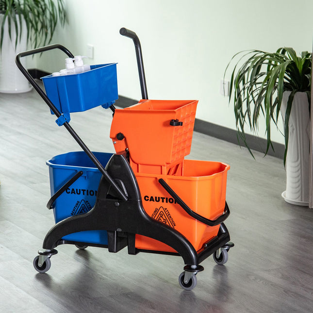 Chariot de Nettoyage Chariot de Nettoyage Professionnel avec Presse à Mâchoires 2 Seaux + Rangement Orange Bleu Aosom