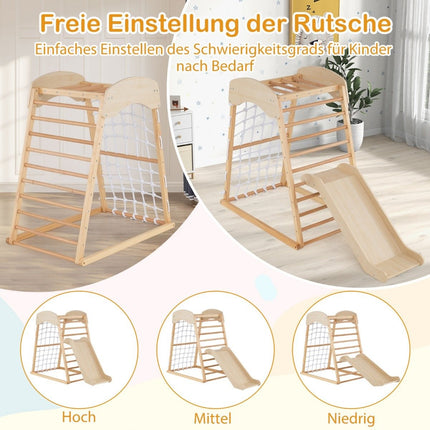 Aire de jeux intérieur 6 en 1 barre de traction & toboggan & rochers d'escalade & filet d'escalade naturel