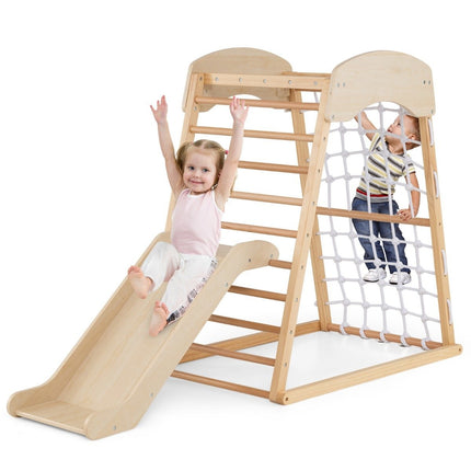 Aire de jeux intérieur 6 en 1 barre de traction & toboggan & rochers d'escalade & filet d'escalade naturel