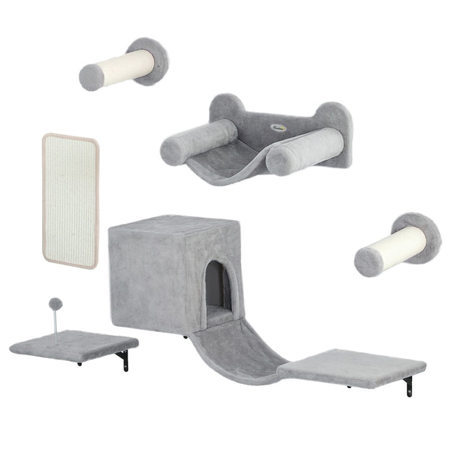 Katzen-Kletterwand-Set, 6-teilig mit Katzenhaus & Hängematte