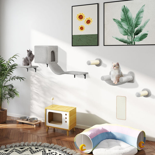 Katzen-Kletterwand-Set, 6-teilig mit Katzenhaus & Hängematte