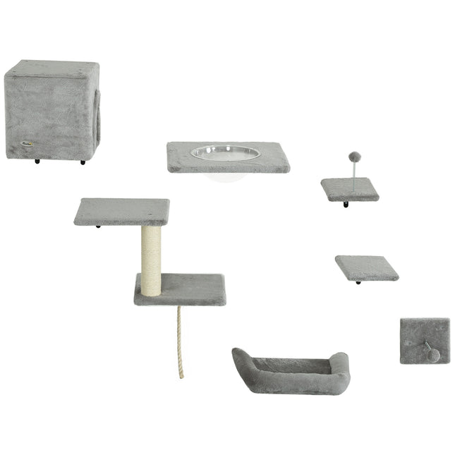 Mur d'escalade pour chats Ensemble de 7 murs d'escalade pour chats avec maison pour chat, plateforme, plateforme grise
