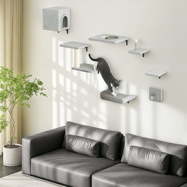 Mur d'escalade pour chats Ensemble de 7 murs d'escalade pour chats avec maison pour chat, plateforme, plateforme grise
