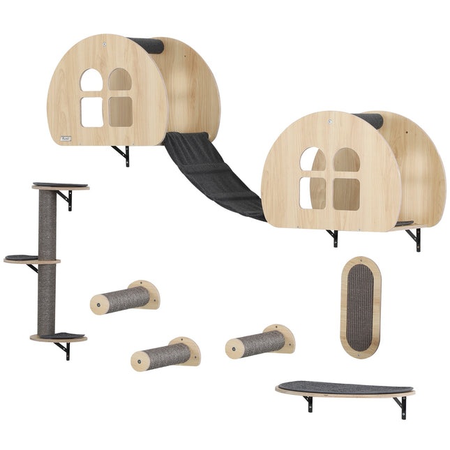 Mur d'escalade pour chats Ensemble de 7 murs d'escalade pour chats avec poteaux en sisal, échelle, plate-forme et griffoir gris
