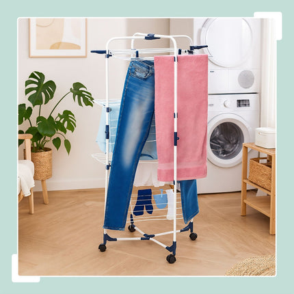 Étendoir à linge sur roulettes, 3 niveaux, pliable, gain de place