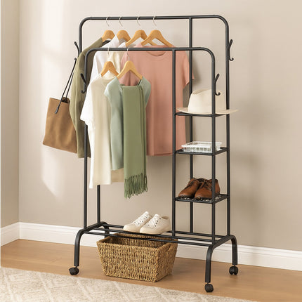Portant à vêtements sur roulettes avec doubles rails et étagères