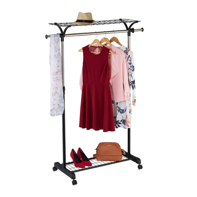 Porte-manteau avec étagères et roulettes - Rangement réglable