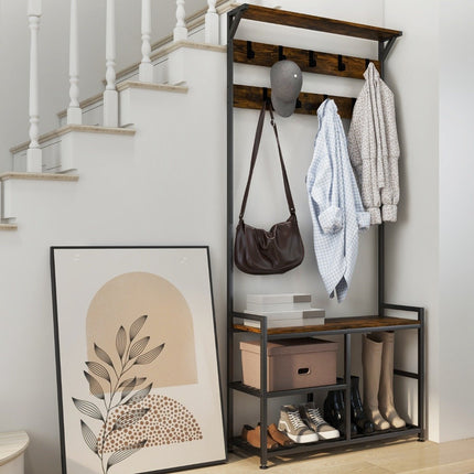Garderobenständer mit 9 Haken &amp; Schuhablage 3 Ebenen Garderobenständer Industriedesign braun