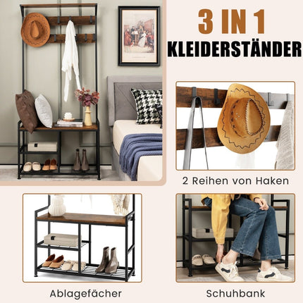 Garderobenständer mit 9 Haken &amp; Schuhablage 3 Ebenen Garderobenständer Industriedesign braun