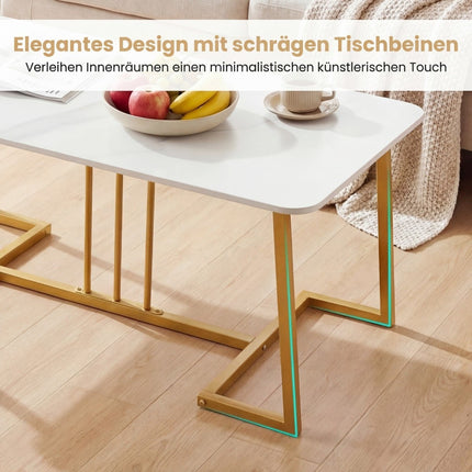 Table basse effet marbre 90 cm, structure en métal blanc doré