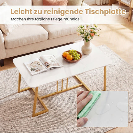 Table basse effet marbre 90 cm, structure en métal blanc doré