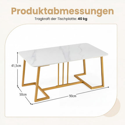Table basse effet marbre 90 cm, structure en métal blanc doré