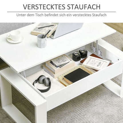 Höhenverstellbarer weißer Couchtisch mit verstecktem Stauraum