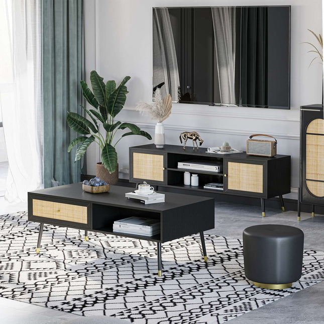 Black rattan coffee table with drawer & 2 compartments