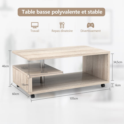Table basse à 2 étagères, roulettes verrouillables, 105 x 60 cm