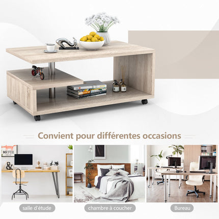 Table basse à 2 étagères, roulettes verrouillables, 105 x 60 cm