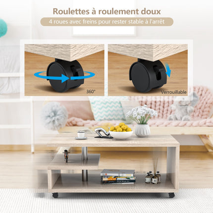 Table basse à 2 étagères, roulettes verrouillables, 105 x 60 cm