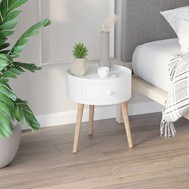 Runder weißer Couchtisch mit Schublade – 50 kg Tragkraft