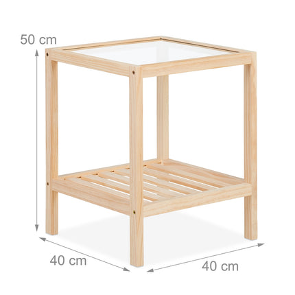 Table basse avec plateau en verre - Bois de pin, 2 étagères