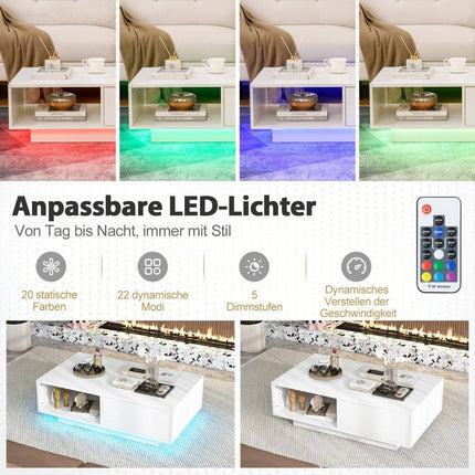 Table basse avec lumières LED et télécommande, 95 x 55 x 31 cm, blanche