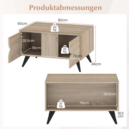 Couchtisch mit Stauraum – 3 Schubladen, offene Fächer, Eiche, 80x60x46 cm