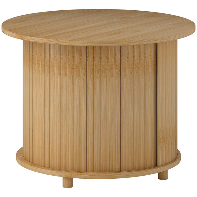 Table basse de salon en bambou avec espace de rangement caché et porte coulissante, table d'appoint ronde de style moderne, pour salon, naturel, Ø60 x 45 cm