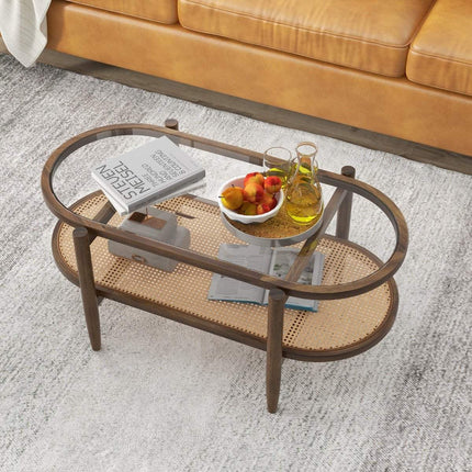 Table basse d'appoint avec plateau en verre et étagère en rotin 102 x 56 x 47 cm marron