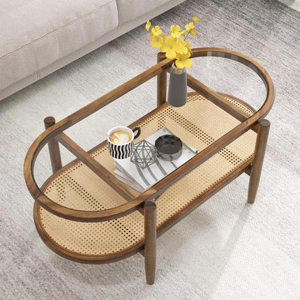 Table basse d'appoint avec plateau en verre et étagère en rotin 102 x 56 x 47 cm marron