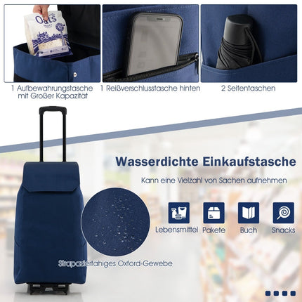 Chariot de courses pliable, capacité 38 L, bleu foncé