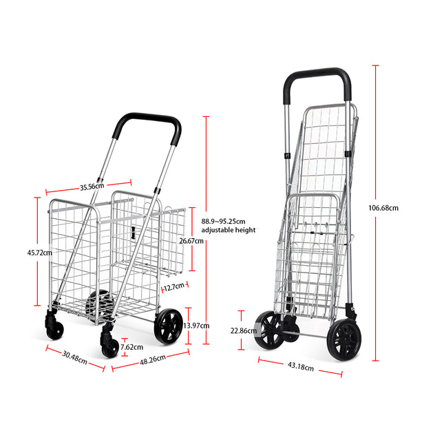 Chariot de courses pliable à double panier et poignée réglable