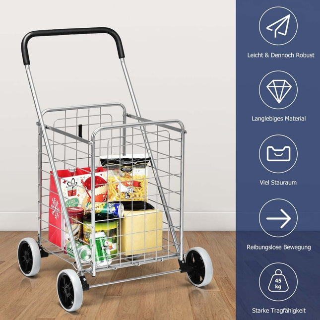 Chariot de courses pliable à roulettes, argenté, capacité de 45 kg