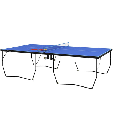 Table de ping-pong d'extérieur, table de ping-pong pliable avec filet, roues, 2 raquettes de ping-pong, 3 balles, acier, bleu, 274x152,5x76cm