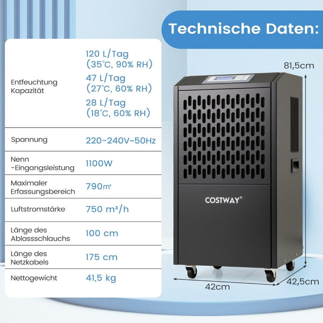 Gewerblicher Luftentfeuchter, 118L/Tag, automatische Entleerung, 4 Rollen