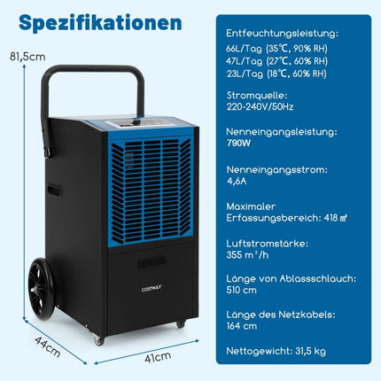 Déshumidificateur commercial avec pompe, capacité de 66 L/jour