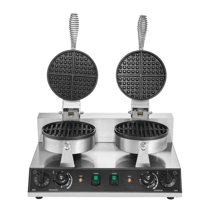 Commercial Dual-Head Round Waffle Maker, 2460W, Temp Timer