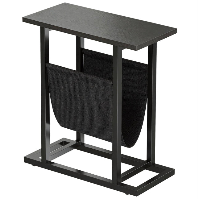 Table d'appoint compacte noire avec structure en acier et poche en tissu