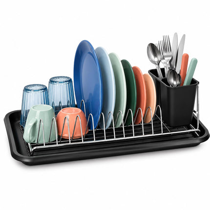 Compact Dish Drainer for 12 Plates with Drip Tray, Cutlery Holder, Black
